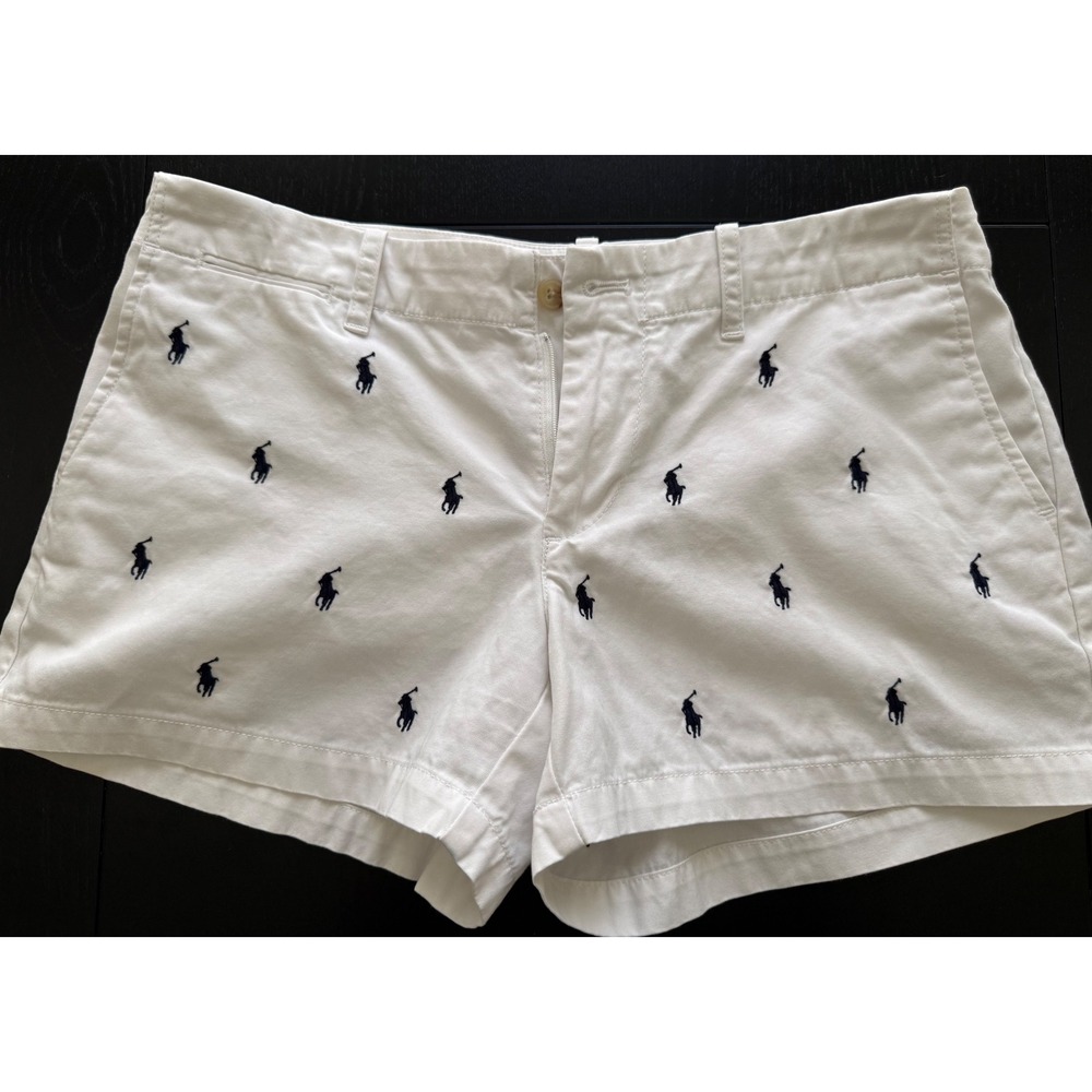 Ralph Lauren Allover Pony Shorts Women Size 2 White Cotton Embroidered Preppy